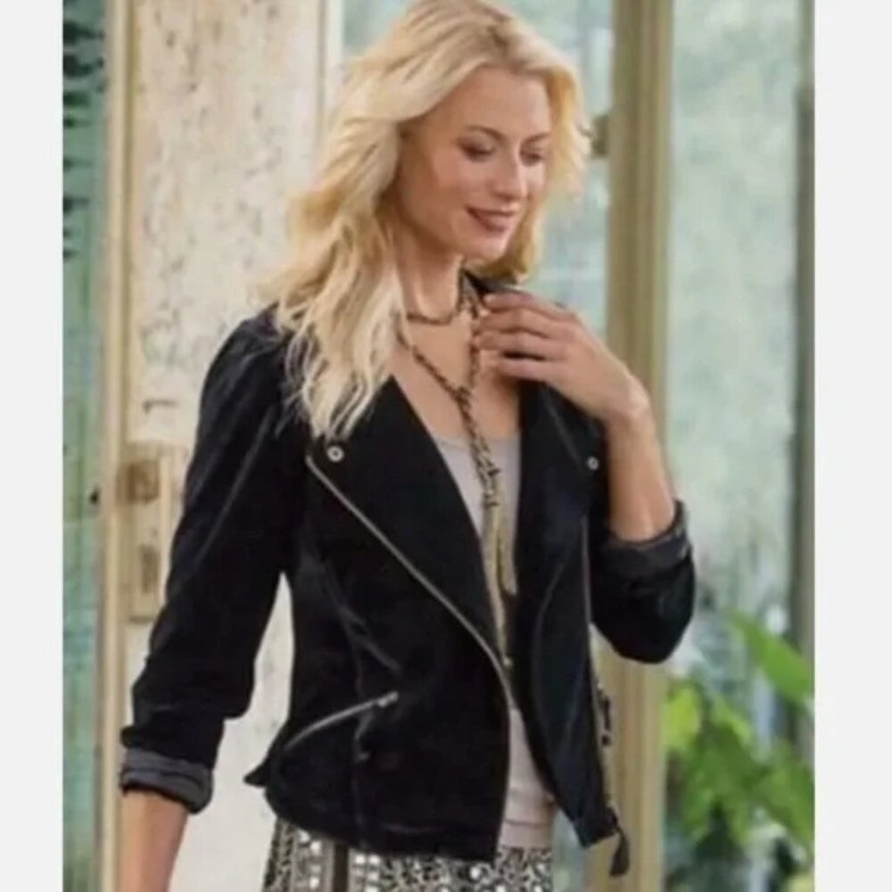 Soft Surroundings Velvet Moto Jacket XS Womens Asymmetrical Zip Up Black